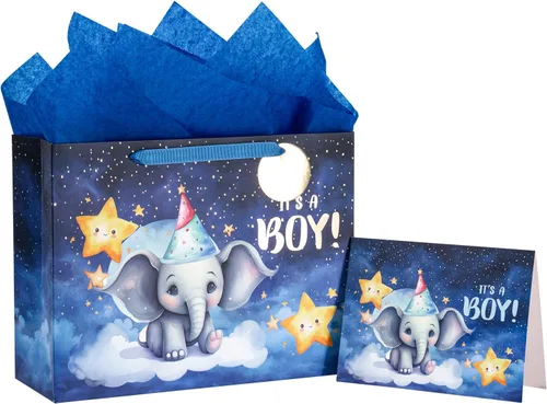 Miniatura 13 de Loveinside Bolsa de regalo de koala gris bebé con papel de seda y tarjeta de felicitación para baby shower, nuevos padres y más, 16 x 6 x 12