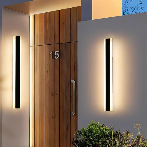 Miniatura 73 de Luz de pared exterior moderna de 47 pulgadas, accesorios de iluminación exterior de acrílico negro de 3000K, montaje en pared, luces de porche