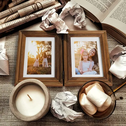 Miniatura 6 de Portarretratos de 5 x 7, doble bisagra horizontal de madera con marco de fotos plegable con frente de cristal real en grano de madera envejecido