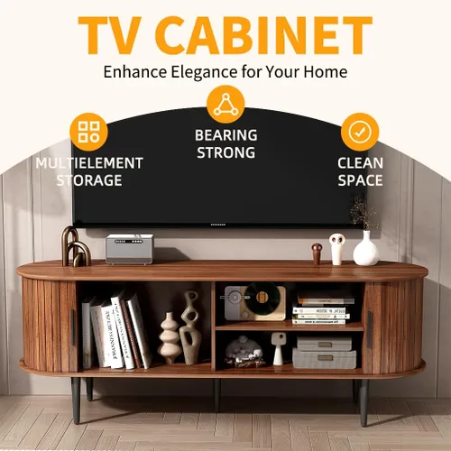 Miniatura 4 de Soporte de TV acanalado moderno de mediados de siglo, soporte de TV de nogal para TV de 55 pulgadas, centro de entretenimiento de madera con puertas
