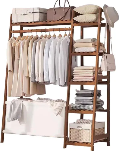 Miniatura 9 de Bamboo Coat Rack with Storage Rack,Freestanding Clothes Rack with Storage Bag,Wood Closet Shelf with Hanging Rod,Clothes Storage Organizer