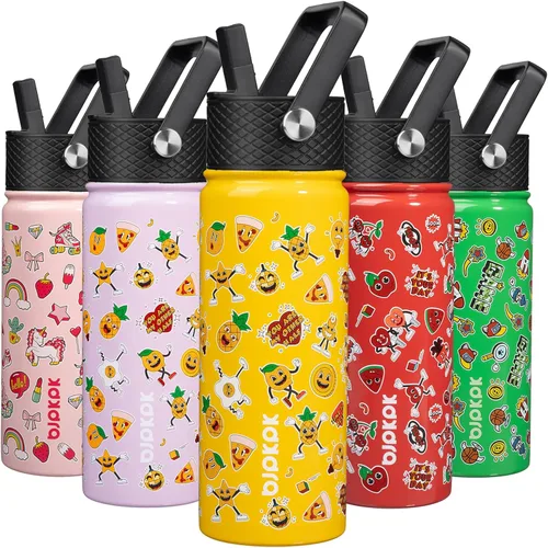 Miniatura 9 de BJPKPK Botella de agua aislada con tapa con pajilla, bonitas botellas de agua de 15 onzas, termo de metal de acero inoxidable, vasos reutilizables
