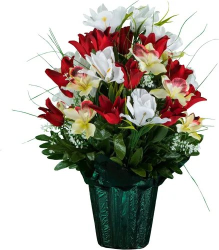 Miniatura 31 de Sympathy Silks Flores de cementerio artificiales - Decoración de tumbas - Tulipanes rojos e iris blancos (1) Ramo Rojo Blanco
