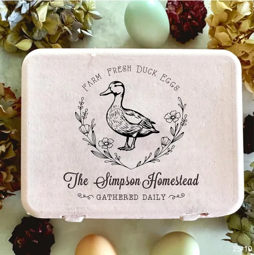 Miniatura 2 de Sellos personalizados de cartón de huevos frescos de granja, huevos de pato, recogidos diariamente, sello de goma de madera (3 x 3 pulgadas)