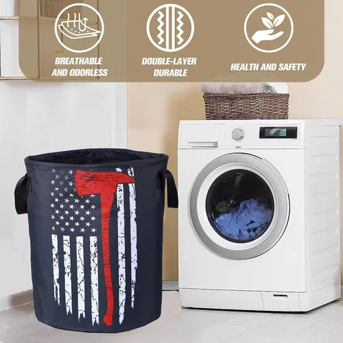 Miniatura 6 de Cesta de lavandería con bandera americana de línea roja Ax de NUTAINLA, cesta plegable de tela Oxford para bomberos, bolsa divertida de mano, cesta