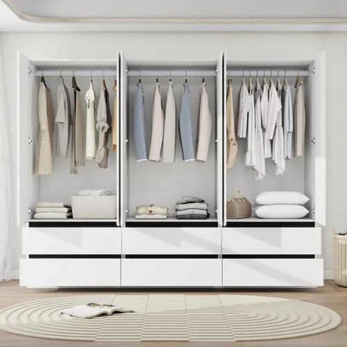 Miniatura 3 de Armario con cajones: armario grande de 75 pulgadas con 6 puertas para colgar ropa, modernos armarios de madera con 6 cajones y almacenamiento