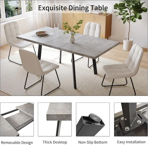Miniatura 6 de Zerifevni 47.2"- 62.9" Extendable Dining Table Set of 5 Kitchen Table with 4 Dining Chairs, Modern Gray Wood Grain, Waterproof Scratchproof for