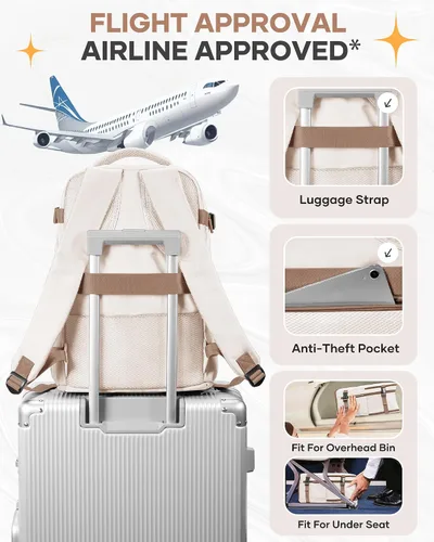Miniatura 7 de Mochila de viaje grande, bolsa de mano, aprobada para aviones, para artículos personales, para hombre o mujer, color beige con marrón