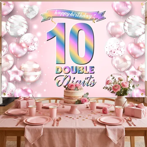 Miniatura 5 de Cartel de feliz cumpleaños número 10, telón de fondo de arcoíris degradado de doble dígito, fondo rosa de 10 años, decoraciones de cumpleaños
