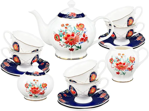 fanquare Juego de té de porcelana victoriana de 21 piezas para 6, juego de tazas de té floral británicas reales para mujeres, juego de fiesta de té