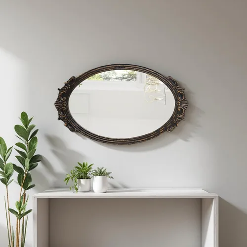Miniatura 4 de Espejo ovalado barroco antiguo para pared de 30 x 18 pulgadas, acabado envejecido para colgar, marco de madera negra, espejos vintage para baño
