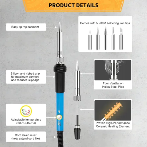 Miniatura 2 de Kit de soldador electrónico, herramienta de soldadura de temperatura ajustable de 60 W, 5 puntas de soldadura, bomba de desoldadura, soporte