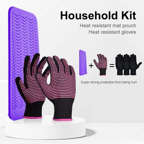 Miniatura 9 de IKOCO Guantes térmicos para peinar el cabello, 2 guantes resistentes al calor con bolsa de silicona para rizador, plancha plana, alisador, Rosa