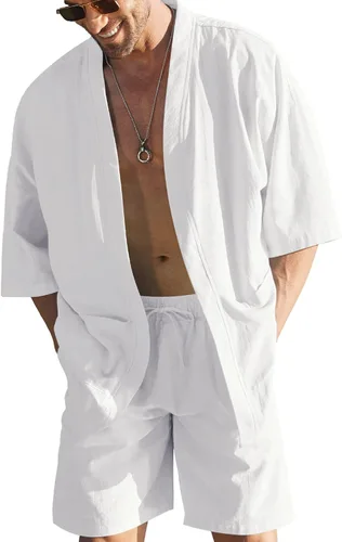COOFANDY Conjuntos de lino para hombre, 2 piezas, chaqueta tipo kimono con parte delantera abierta y pantalones cortos