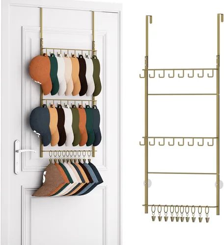 Miniatura 18 de HapiRm Perchero para Puerta - Organizador de Sombreros de 3 Niveles Montado en la Pared con 16 Ganchos y 10 Clips Móviles, Organizador de Sombreros