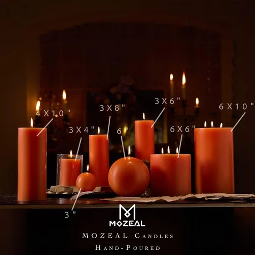 Miniatura 3 de MOZEAL Vela grande sin aroma vertida a mano de 3" x 8", juego de 2 velas rústicas sin humo en forma de pilar, combustión lenta, sin goteo, Naranja