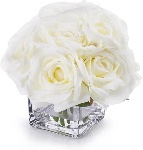 ENOVA FLORAL Flores artificiales en jarrón, arreglos florales falsos en jarrón con agua sintética para bodas, mesa de comedor (crema)