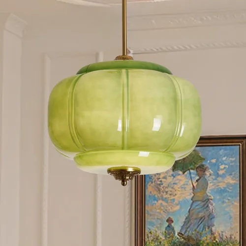 Miniatura 4 de Lámpara de techo de cristal de leche verde, lámpara colgante de calabaza vintage de 15 pulgadas con accesorio de latón antiguo, lámpara colgante