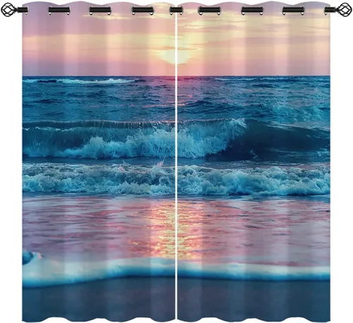 Miniatura 9 de Cortinas opacas de arena para niñas y niños, decoración del hogar, vacaciones, playa, agua azul, puesta de sol, nubes, ojales, aislamiento térmico