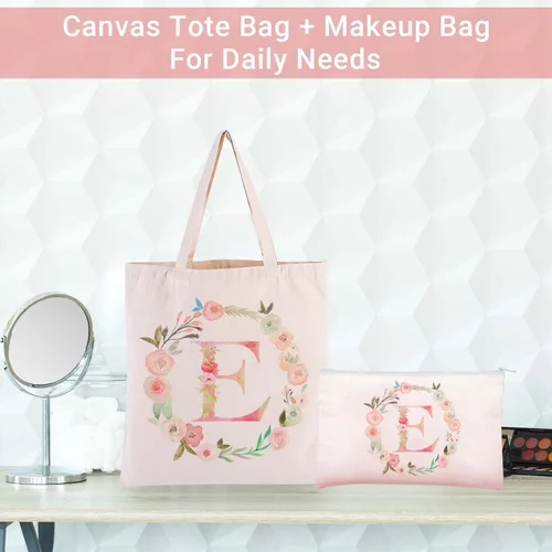 Miniatura 6 de Bolsa de lona personalizada con inicial floral con cremallera, bolsa de monograma, bolsa de cosméticos, regalo para mujeres, dama de honor