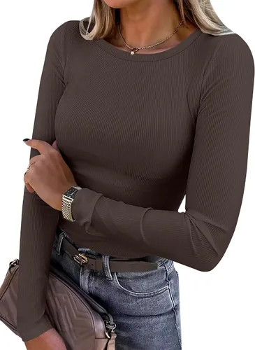 Miniatura 44 de ANRABESS - Camisetas de manga larga para mujer, de punto acanalado, ajustadas, básicas, 2025, informales, para usar a capas o debajo del uniforme