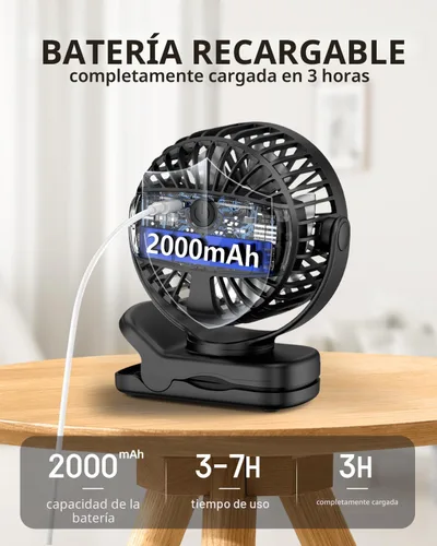 Miniatura 4 de TUNISE Mini ventilador con clip, ventilador de escritorio a pilas, pantalla digital, 3 velocidades ajustables, bidireccional ajustable de 360 °