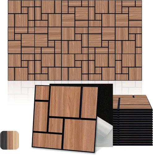 Miniatura 16 de Mollywell Paneles acústicos, decoración de grano de madera de PVC, azulejos de pared con patrón tallado de 12 x 12 pulgadas, autoadhesivos