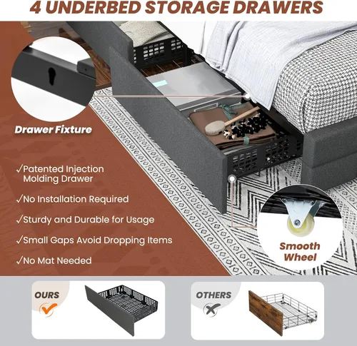 Miniatura 6 de Giantex Base de cama individual con luces LED y 4 cajones, base de cama de plataforma tapizada con puertos USB, diseño de cabecera ajustable