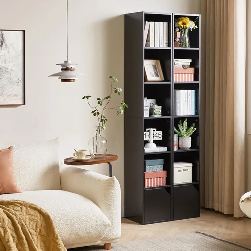 Miniatura 5 de IBUYKE Estantería estrecha de 6 niveles con puertas, gabinete de almacenamiento en cubo, CD y DVD, estante delgado de torre multimedia, gabinete