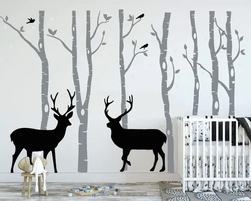 Vinilo adhesivo de vinilo extraíble con diseño de ciervos y abedules para niños, decoración de habitación del bebé, habitación del bebé (gris)