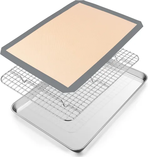 Miniatura 8 de P&P CHEF Bandeja para horno tostador de 9 x 7 x 1 pulgadas con rejilla y alfombrilla de silicona, bandeja para horno tostador de acero inoxidable