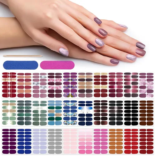 Miniatura 10 de 420 piezas de 30 hojas de envolturas de uñas con lima de uñas, tiras de esmalte de uñas con diseño degradado con brillantina, calcomanías