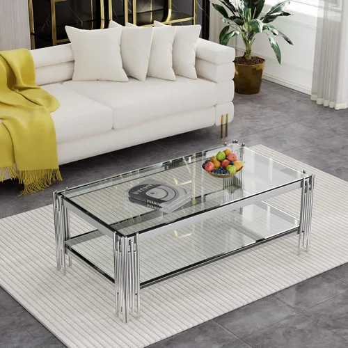 Miniatura 34 de Mesa auxiliar rectangular de vidrio de 48 pulgadas, mesa de centro de 2 niveles con parte superior de vidrio templado negro, patas de acero