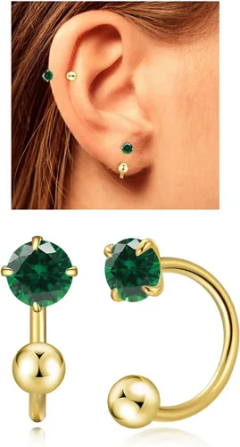 Miniatura 18 de Aretes Huggie de medio aro para mujeres y niñas, pequeños aretes de cartílago, aretes de botón con piedra natal para mujeres, aretes de botón