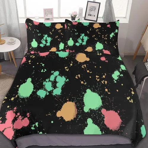 Miniatura 38 de Juego de 3 piezas de edredón neón que brilla en la oscuridad, funda de almohada de microfibra con cremallera para cama matrimonial, Queen