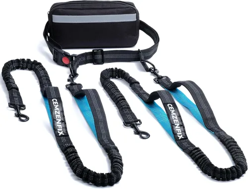 Miniatura 13 de Correa de perro manos libres con cinturón – Bungee sin tirones, asas acolchadas dobles y bolsa con cremallera para correr, caminar y entrenar