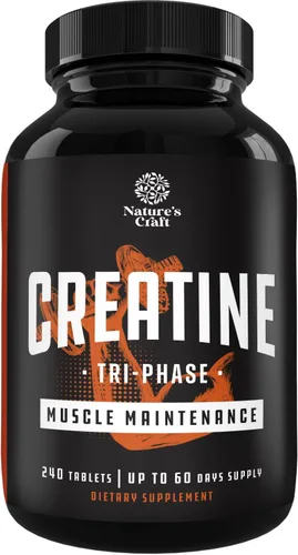 Miniatura 10 de Natures Craft Tabletas de creatina trifásica de alta resistencia para mujeres y hombres - Mezcla de fórmula de monohidrato de creatina, 300 mg