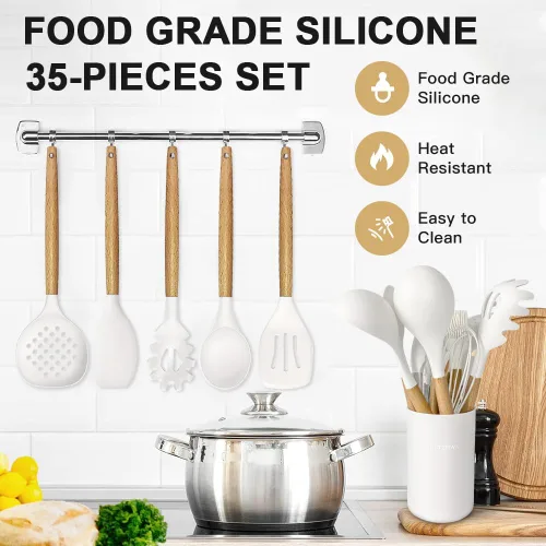 Miniatura 3 de Juego de utensilios de cocina - 35 piezas de utensilios de cocina con rallador, pinzas, espátula de cuchara y girador hechos de silicona resistente