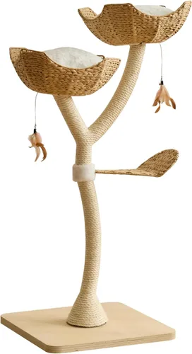 Miniatura 9 de Torre de árbol gris moderno de 52 pulgadas de alto para gatos grandes, postes rascadores para gatos con cestas tejidas a mano Condominio de lujo