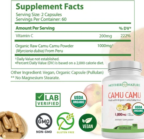 Miniatura 5 de Cápsulas Mother Nature Organics Camu Berry – Repleto de vitamina C natural y antioxidantes crudos – Refuerzo inmunológico y antienvejecimiento