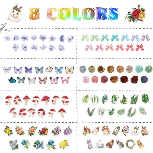 Miniatura 4 de 8 rollos de cinta adhesiva Washi vintage, diseño de pétalos de flores, hojas de helecho, mariposas, hojas de pino, hongos para bricolaje, diario