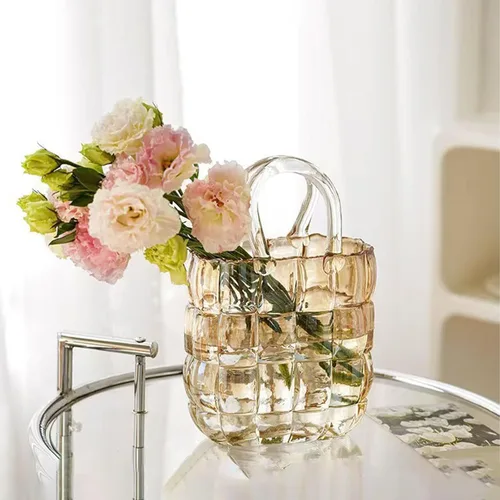 Jarrón de cristal con elegante diseño de bolso, jarrón de mano con pecera, jarrón único con asa y burbujas, para decoración del hogar, oficina,