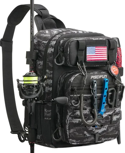 Miniatura 8 de Mochila Piscifun impermeable, de un solo hombro para almacenar los aparejos de pesca. Bolsa de correa cruzada multifuncional para camping, Doble