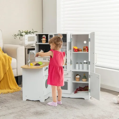 Miniatura 8 de Costzon Juego de Cocina de Esquina para Niños, Juego de Cocina de Madera de Juguete 11 en 1 con Lavadora Realista, Microondas, Horno, Estufa