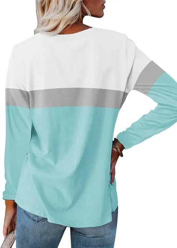 Miniatura 2 de Minetom Camisetas de manga larga con cuello en V para mujer, estilo casual, bloque de colorsólido, camisetas básicas