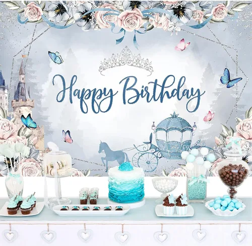 Miniatura 2 de Mocsicka Telón de fondo de cumpleaños de princesa azul, castillo floral, carruaje, corona plateada, mariposa, decoraciones de cumpleaños para niñas