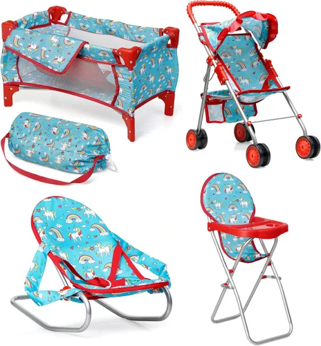 Miniatura 10 de fash n kolor El juego de 4 piezas para muñeca de bebé, diseño de flores, incluye paquete plegable y juego, cochecito de muñeca de bebé, silla alta 4