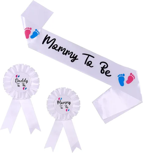 NEWHAPPYLAND - Decoraciones para baby shower, banda y hojalata, insignias para mamá y papá, recuerdos de fiesta de revelación de género