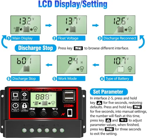 Miniatura 3 de Controlador de carga solar MPPT de 30 A, regulador de panel solar de seguimiento automático de 12 V/24 V con pantalla LCD, puerto USB dual, modos
