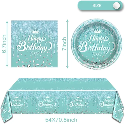 Miniatura 2 de Juego de vajilla verde azulado y plateado, tema de feliz cumpleaños azul, 20 platos y 20 servilletas y manteles de 71'' x 42'' para niñas y mujeres